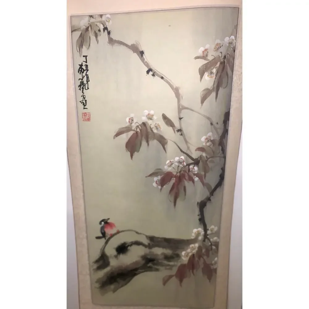 Vintage Asian Silk Scroll Bird Blossom Painting Kakejiku Wall Art w‎ Box
